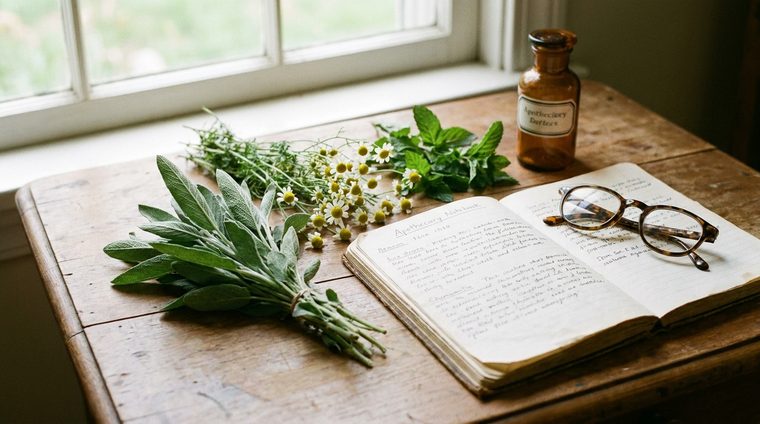Fresh herbs and an apothecary notebook
