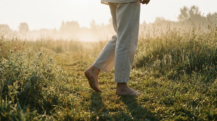 Bare feet on dewy morning grass