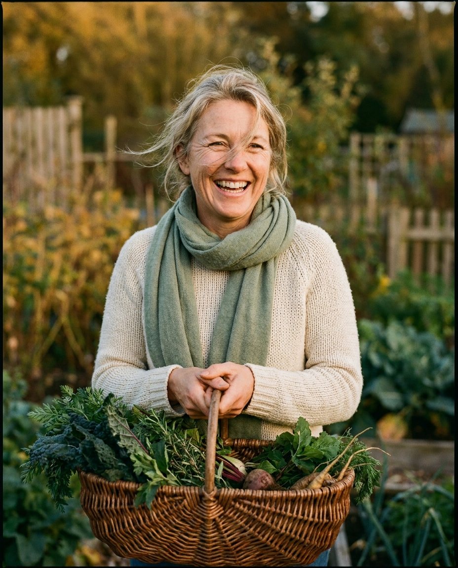 A healthy, happy woman with a basket of fresh garden herbs